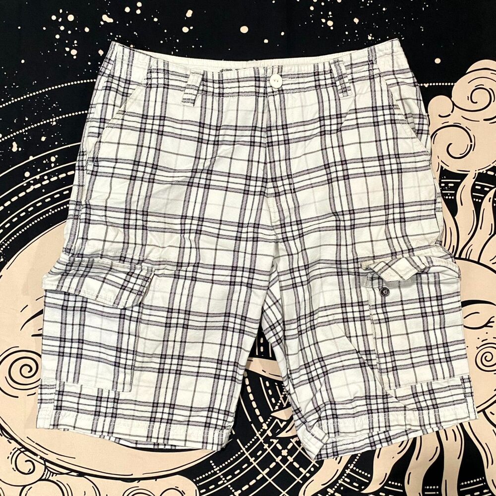 Route 66 Shorts Men's 32 White Cotton Plaid Cargo Casual Summer Travel Workwear